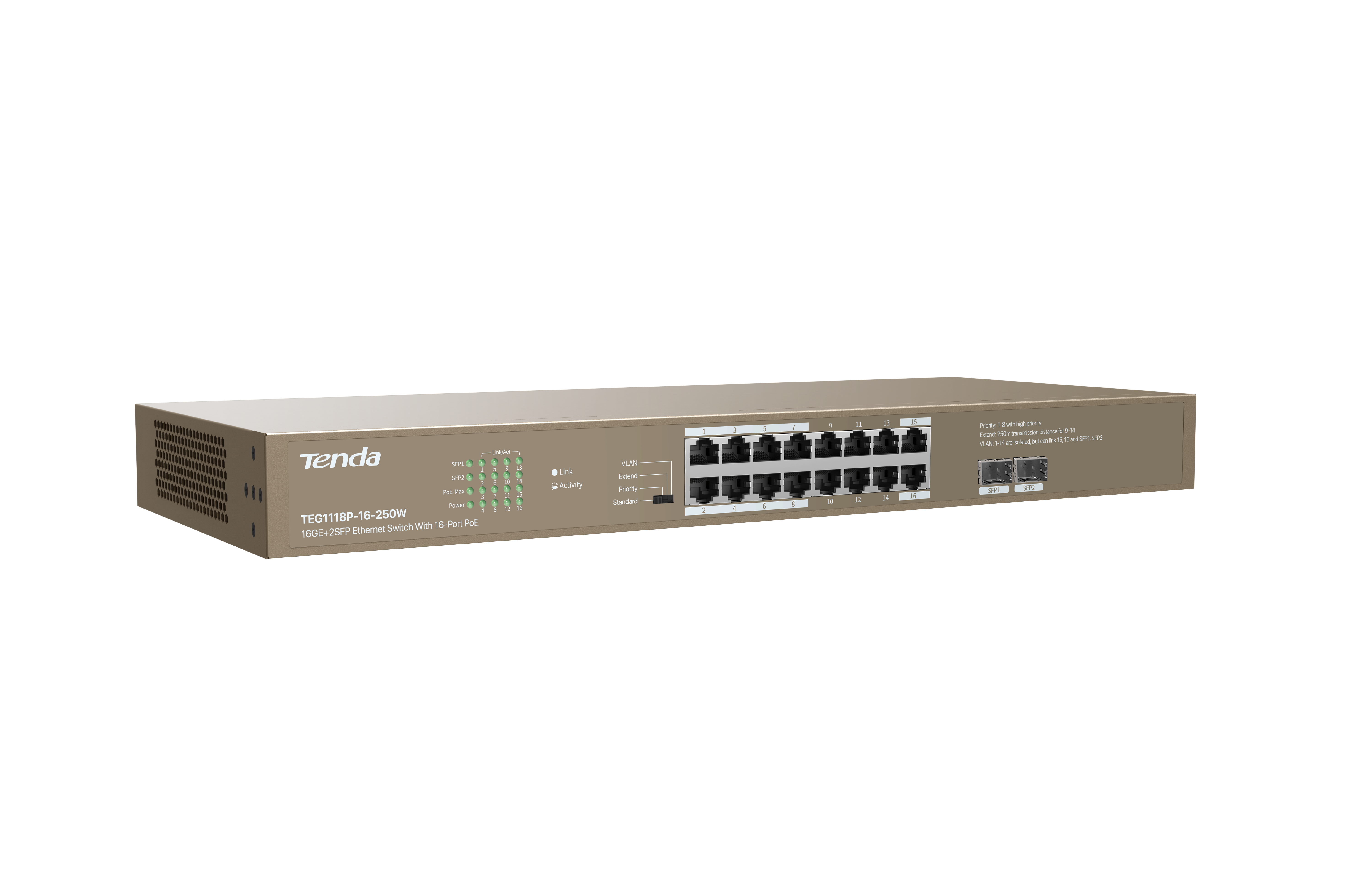 Tenda Switch Gigabit PoE - 18 porte (16 GE PoE + 2 GE) | TEG1118P-16-250W