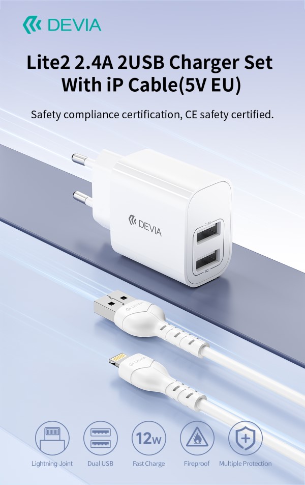 Caricabatterie 2.4A 2 USB-A 5V 12 Watt Con Cavo Lightning Bianco